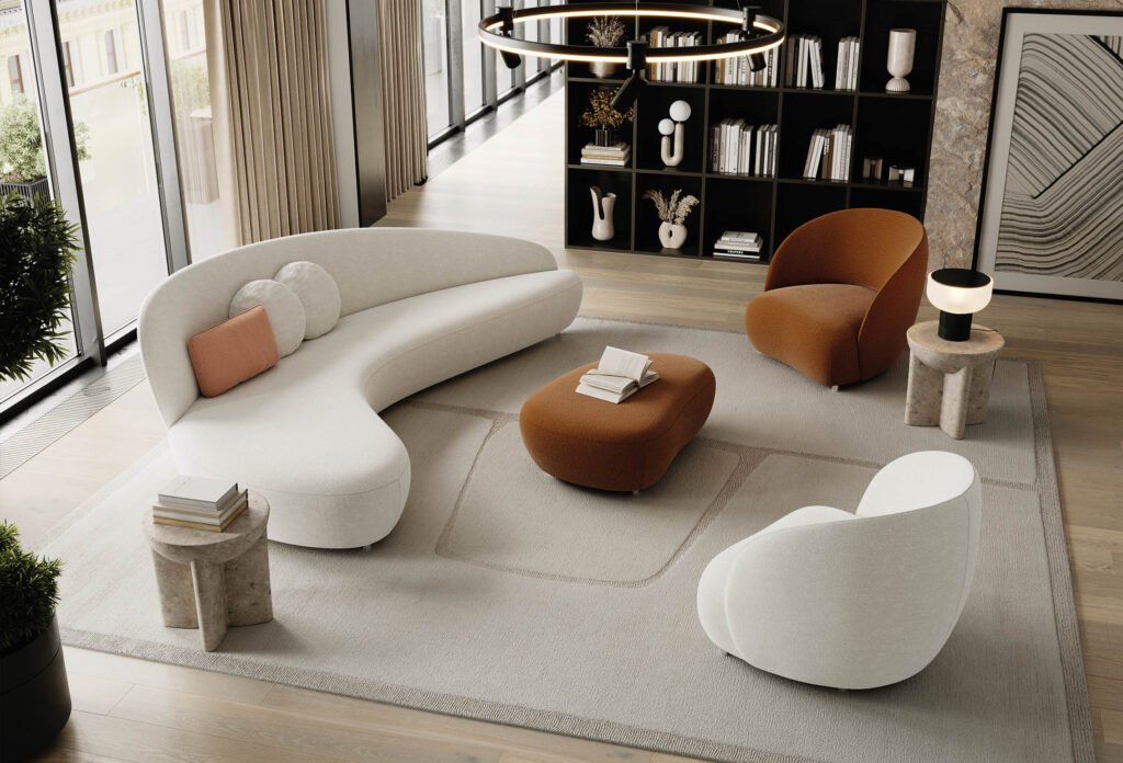 Dans un salon moderne, le canapé blanc courbé NEWTON s'associe avec élégance à une chaise orange et son pouf assorti, ainsi qu'à une chaise blanche épurée. Un tapis géométrique orne le parquet, tandis que des objets de décoration élégants sont disposés sur une étagère sous un lustre circulaire qui renforce l'ambiance cosy. De grandes fenêtres apportent une lumière naturelle abondante pour compléter le décor. Meubles Barret Bordeaux